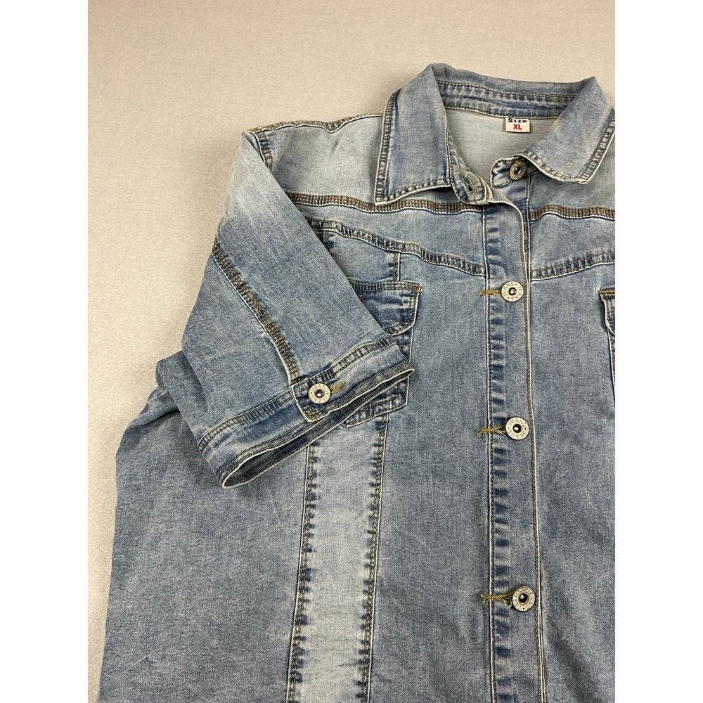 Short Sleeve Denim Jacket Shacket Light Wash Button Up Jean Top Blue Size XL - Picture 7 of 11